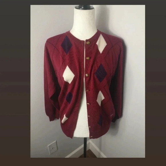Vintage Pringle of Scotland Argyle cardigan burgundy - Picture 3 of 10